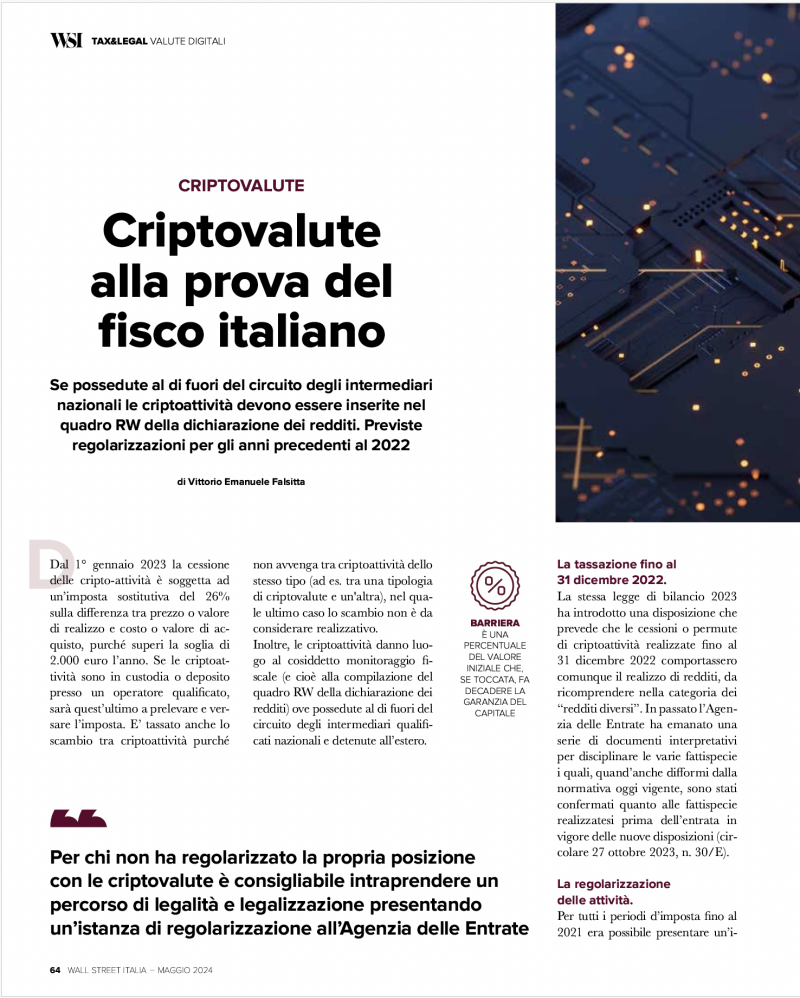 L'apertura dell'articolo di Falsitta sul numero di maggio 2024 di Wall Street Italia magazine